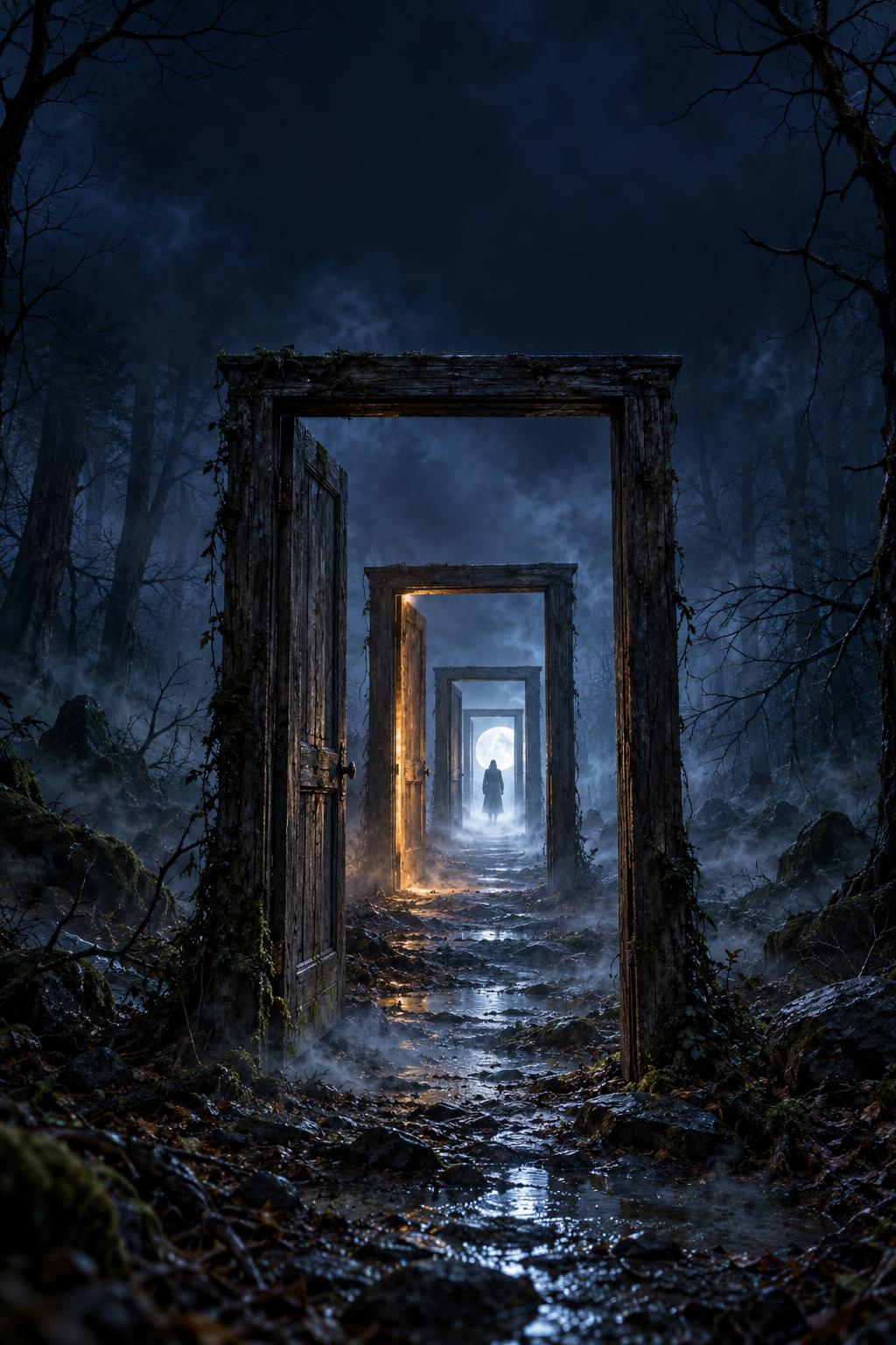 Couverture du roman : une enfilade de portes ouvertes dans une forêt de nuit, une silhouette au loin.